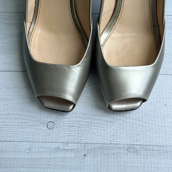 Prada Metallic Green Silver Leather Peep Toe Pumps Size 6 - Picture 5 of 11